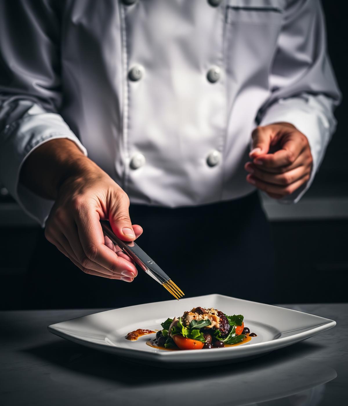Chef de Maison Lumière dressant un plat signature